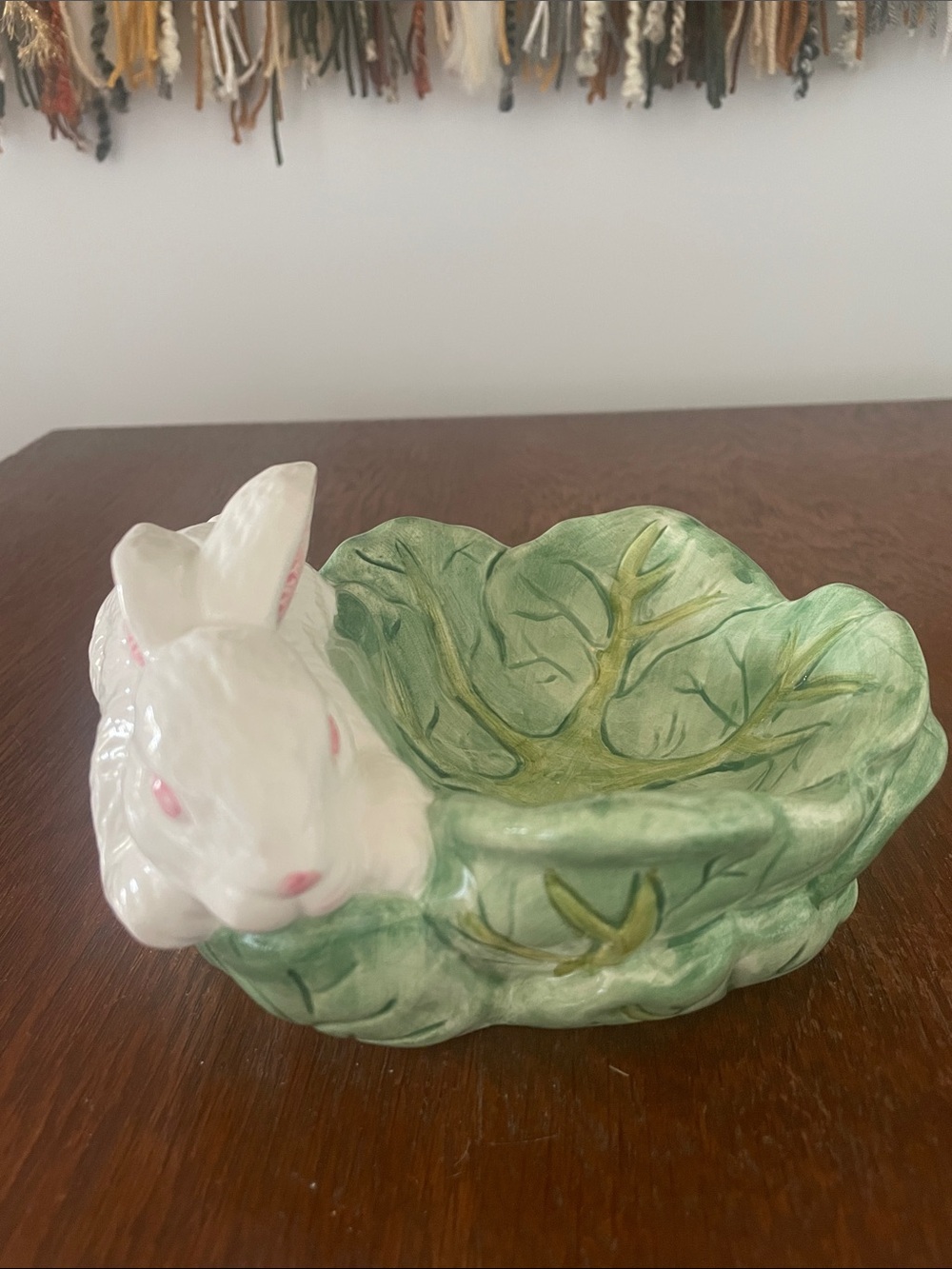 White Rabbit Ceramic Bowl with Green Leaf Design